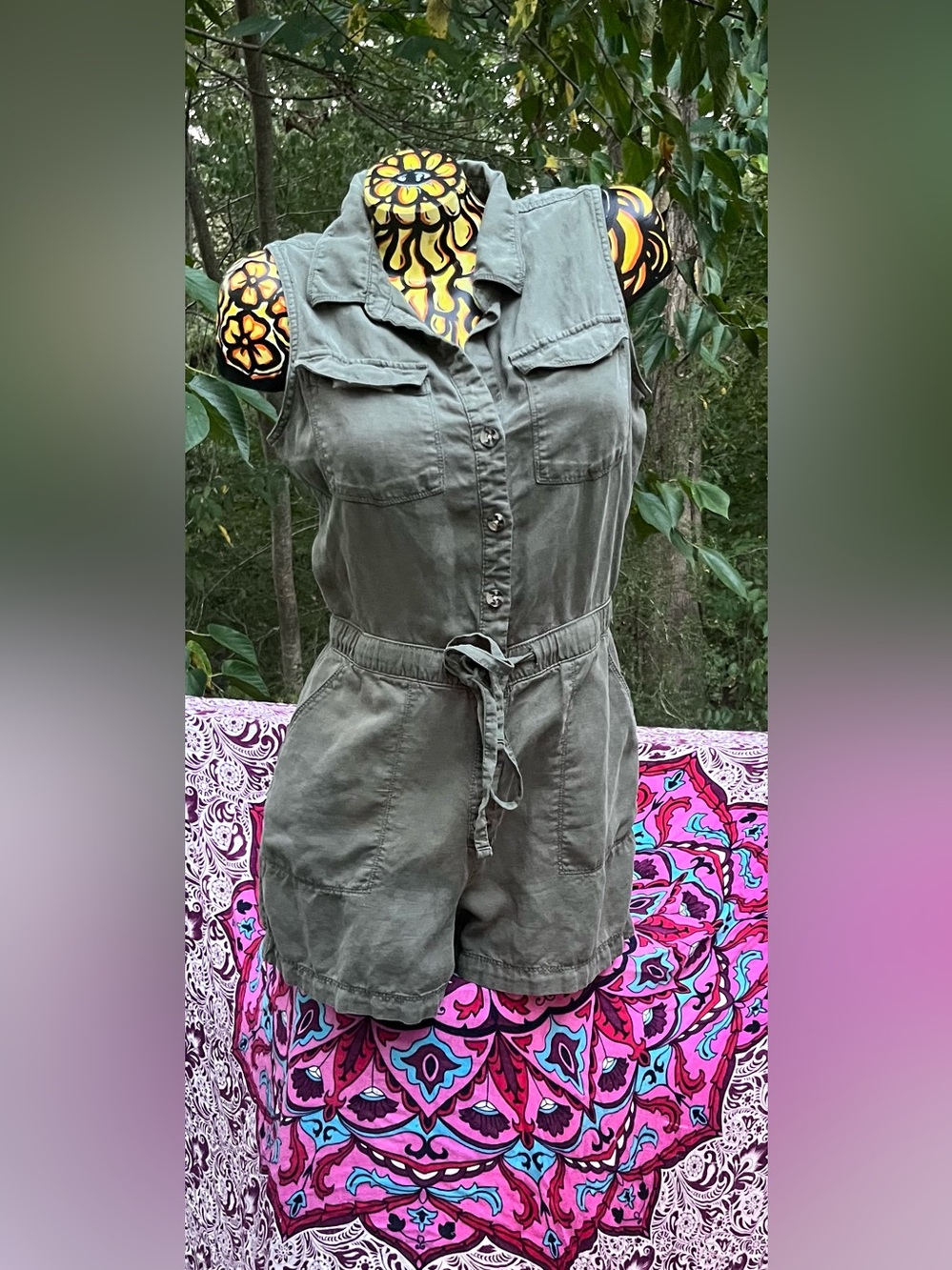 Nicole Miller Olive Green Sleeveless Utility Romper with Drawstring Waist